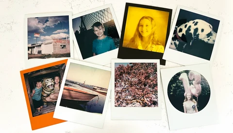 Collection of instant film photos arranged on a white surface, including portraits, landscapes, and close-up details.