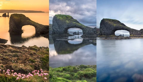 Natural rock arch formations photographed at different times of day, showing varied lighting and weather conditions.