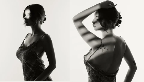 Black and white portrait diptych showing a woman in a textured wrap dress from front and back angles.