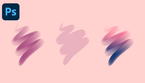 Three digital brush strokes with gradient color transitions on a pink background, with Photoshop logo in top left.