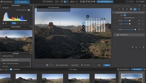 Screenshot of Lightroom's Local Adjustments panel with a landscape photograph of mountains and a tower.