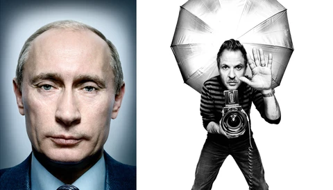 Portrait comparison showing formal headshot on left and studio portrait with reflector on right.