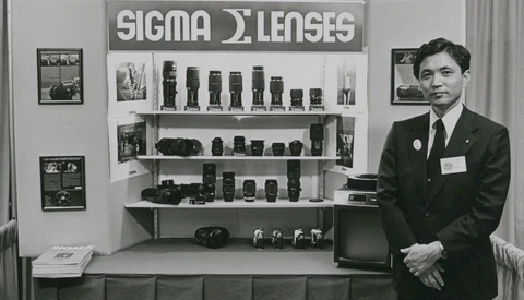 Man in business attire standing beside a display shelf of Sigma lenses and camera equipment.