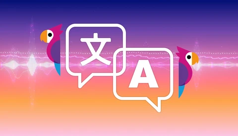 Illustration of language translation concept with Chinese and English characters in speech bubbles.