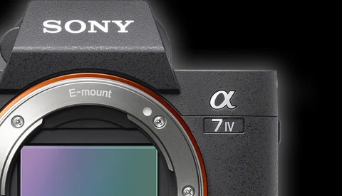 Close-up of Sony α7 IV camera body showing E-mount and sensor.