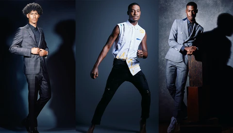 Three men in professional studio portraits with dramatic backlighting and dark backgrounds.