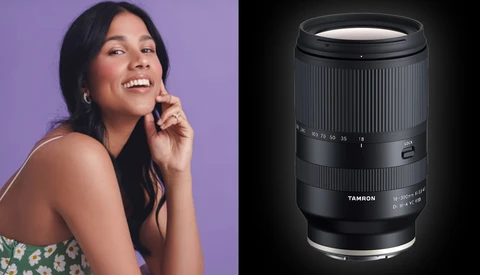 Portrait of a woman smiling against a purple background, paired with a Tamron telephoto zoom lens on black background.