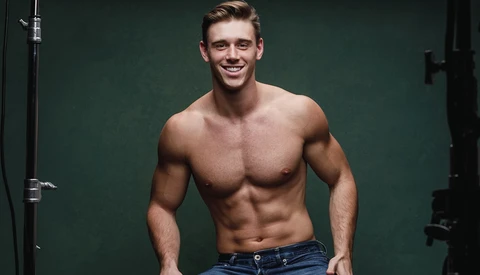 Shirtless man with defined abdominal muscles smiling at camera against green background.