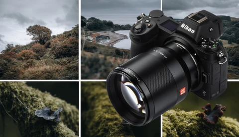 Nikon mirrorless camera with telephoto lens displayed against landscape photography examples.
