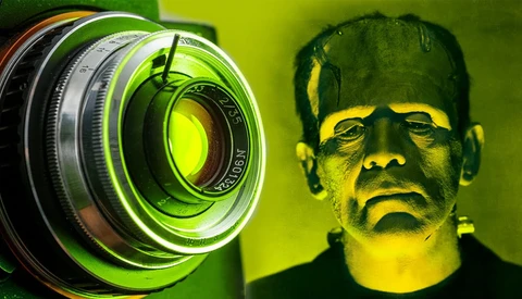 Vintage camera lens with green and yellow neon lighting alongside a stylized portrait with matching color cast.