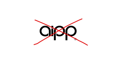 Logo for Aippo featuring black lowercase letters with red diagonal lines crossing through it.