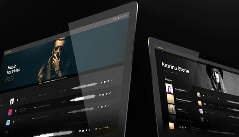 Screenshot of a dark-themed music platform interface displayed on multiple monitors showing artist profiles and album artwork.