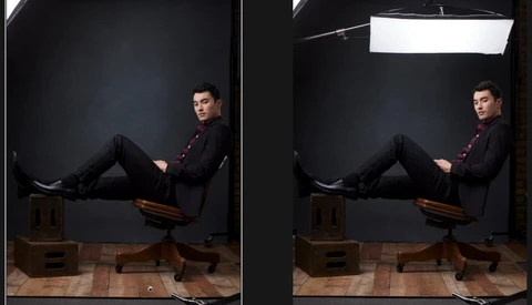 Side-by-side comparison of studio portrait lighting setups showing a man in formal attire seated in identical poses under different overhead lighting conditions.