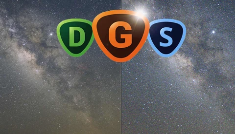 DGS logo graphic with three colored circular badges against a starry night sky background.