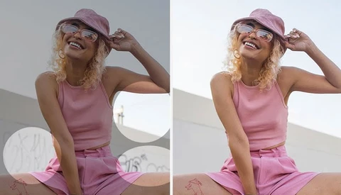 Side-by-side comparison showing portrait editing adjustments on a woman in pink attire and hat.