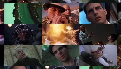 Grid of nine film stills showing various characters in different lighting conditions and moods.