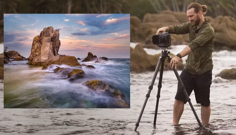 Photographer on a beach operating a camera on tripod, with an inset image of a coastal rock formation at sunset.