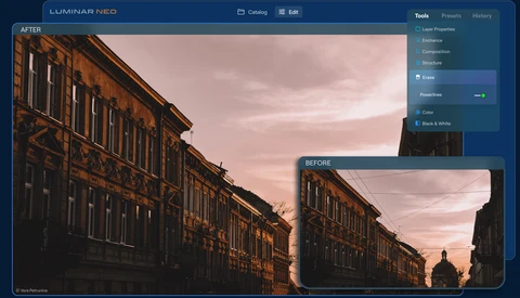 Screenshot of Luminar Neo editing interface showing before and after comparison of an urban architecture photo with warm golden-hour lighting.