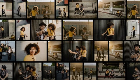 Contact sheet displaying multiple portraits and candid shots of people in yellow and dark clothing across various indoor and outdoor locations.
