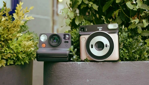 Two instant cameras displayed side-by-side on a concrete ledge surrounded by green foliage.