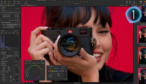 Screenshot of photo editing software with portrait of person holding rangefinder camera against red background.