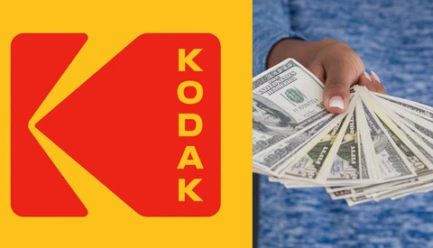 Kodak logo next to photograph of hands holding fanned U.S. dollar bills.