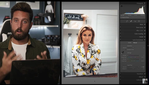Screenshot of portrait editing workflow showing before and after of woman in floral blazer with histogram and adjustment panels visible.