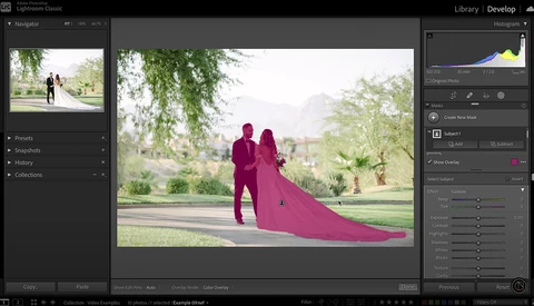 Screenshot of Lightroom Classic showing a wedding photo with magenta color grading applied.