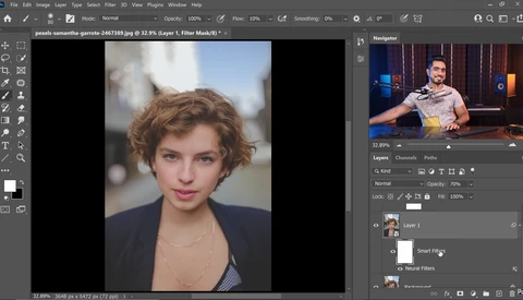 Screenshot of Photoshop showing portrait editing workflow with layered compositing.