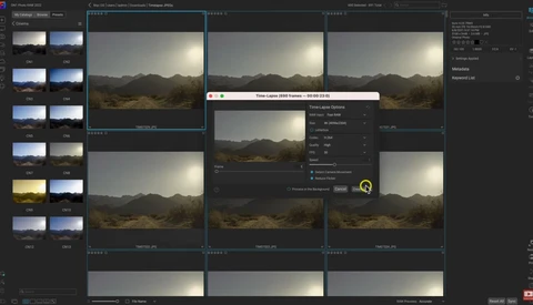 Screenshot of photo editing software showing multiple landscape images in a grid layout with editing panels.