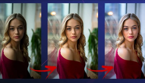 Three variations of a portrait showing a woman in a burgundy top with different lighting and color grading applied.
