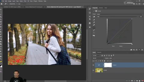 Screenshot of photo editing software showing portrait adjustment workflow with curves panel.