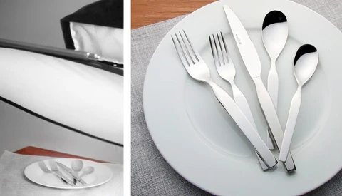 Flat lay comparison of minimalist tableware styling and plated cutlery arrangement.