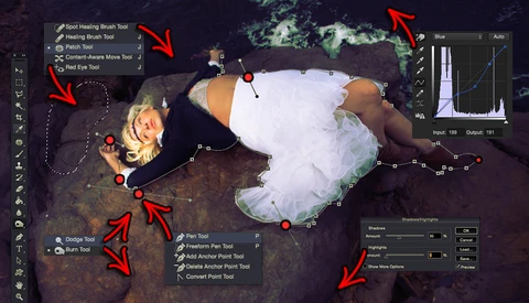 Screenshot of photo editing software showing portrait retouching tools and adjustment panels with correction points marked on an image.