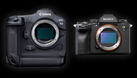 Canon EOS R3 and Sony a7R V mirrorless cameras displayed front-on against black background.