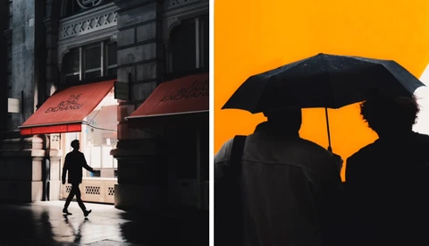 Diptych comparing urban street photography styles: left side shows a silhouetted figure walking past red awnings in natural light; right side shows two silhouetted figures under an umbrella against a vibrant yellow background.