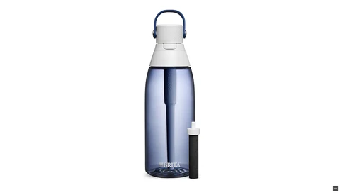 Brita water bottle with built-in filter cartridge displayed against white background.