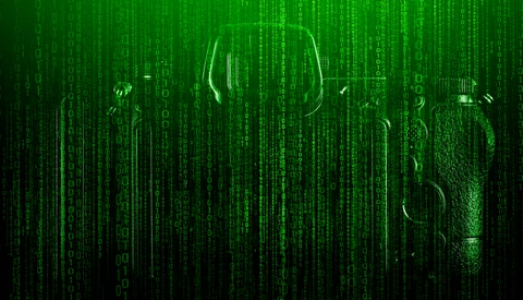 Digital illustration of a human head and shoulders composed of cascading green binary code and numbers.