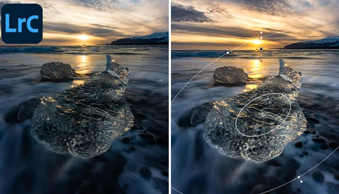 Before and after comparison showing luminosity mask selection on coastal rocks during golden hour sunset.