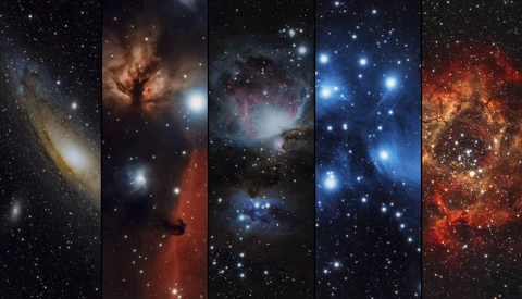 Five vertical panels of deep-space astronomical imagery showing nebulae, star clusters, and cosmic dust formations.