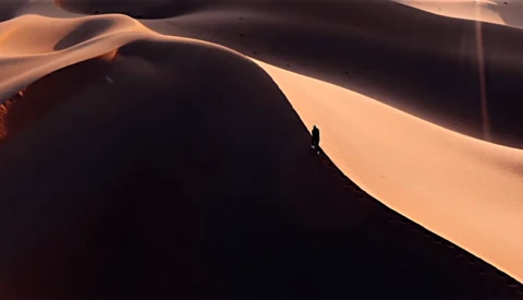 Silhouetted figure standing on a sand dune ridge during golden hour with dramatic shadow and warm desert light.