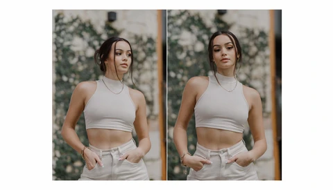 Before and after portrait comparison showing editing adjustments to skin tone and facial features.