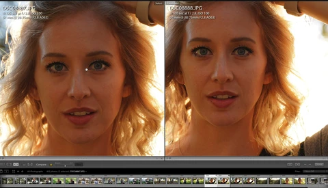 Screenshot of photo editing software showing before and after comparison of portrait retouching.