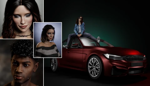 Composite portrait and automotive photography showing multiple headshots and a woman posing on a red car.