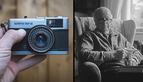 Blue Olympus Trip 35 compact film camera held in hand, alongside black and white portrait of elderly man with glasses.
