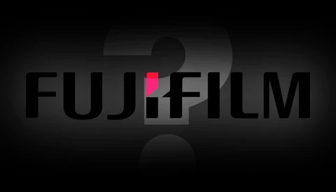 Fujifilm logo graphic with a bright pink accent block against dark typography and shadowed question mark shapes.