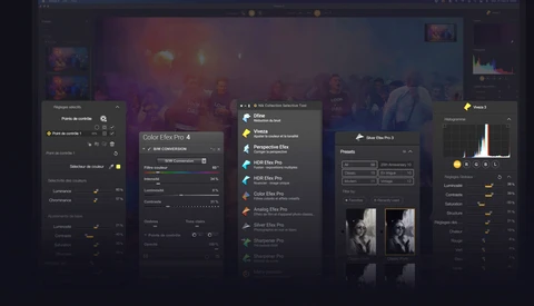 Screenshot of video editing software with color grading interface and preset panels displayed.