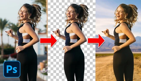 Screenshot demonstrating background removal and replacement workflow in Adobe Photoshop.