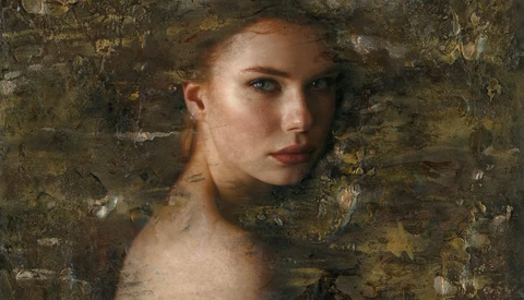 Portrait of a woman with short blonde hair against a textured gold and brown background.