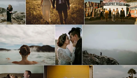Collage of nine wedding and portrait photographs showcasing couples and group scenes in natural and urban settings.